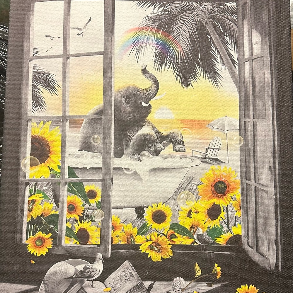 Adorable Sunflower Beach Elephant in bathtub tub bathroom Canvas Wall Art Yellow